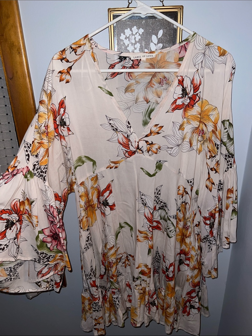 Label of Love Cream Floral V-Neck Long Sleeve Dress